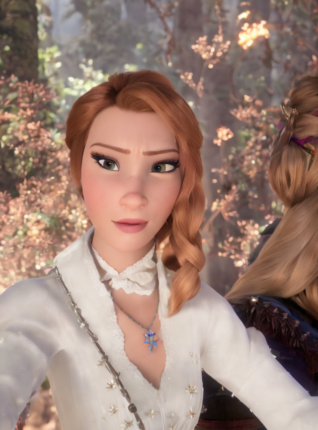 3D animated female character with auburn hair in braid and white blouse against glowing tree backdrop