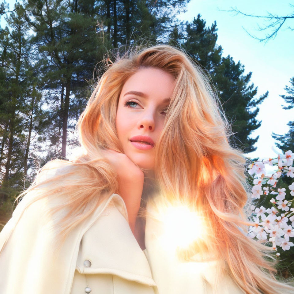 Blonde woman in sunlight with light jacket and floral backdrop