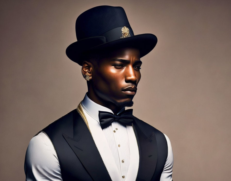 Formal man in tuxedo with top hat and bow tie, wearing stylish earrings.