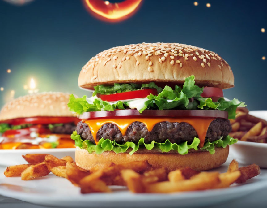 Savory cheeseburger with lettuce, tomato, onion, and fries on bokeh background