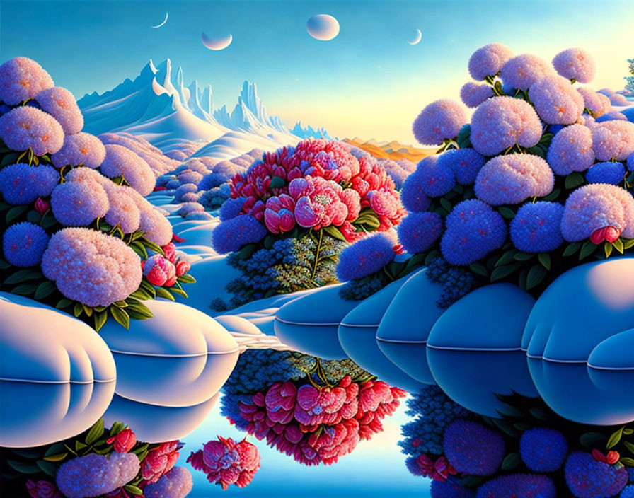 Surreal landscape with oversized pink and red flowers, glossy blue stones, serene water, distant mountains