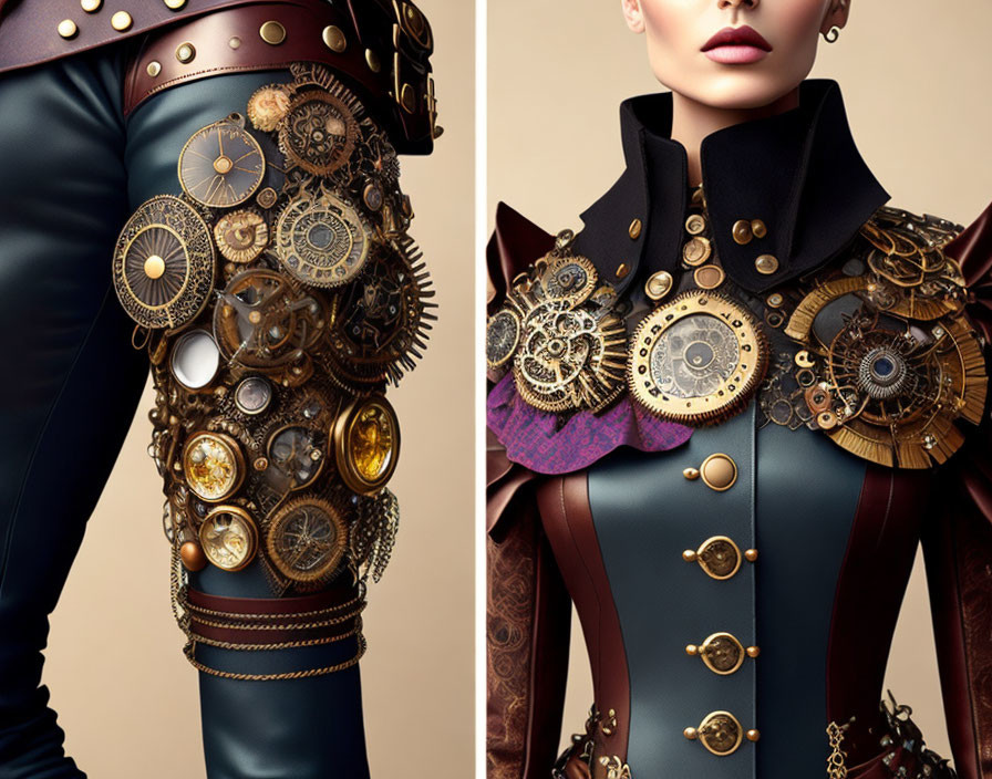 Steampunk-inspired outfit with metallic gears and cogs