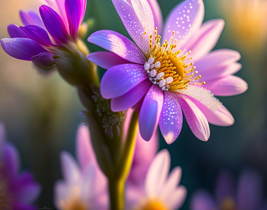 Vibrant purple daisy with dew drops in soft sunlight