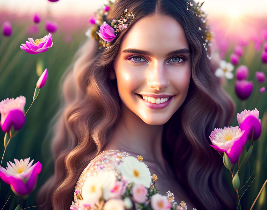 Smiling woman with floral crown in blooming pink flower field