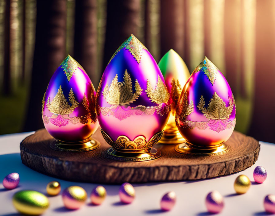 Colorful Easter Eggs on Wooden Stand in Forest Sunset