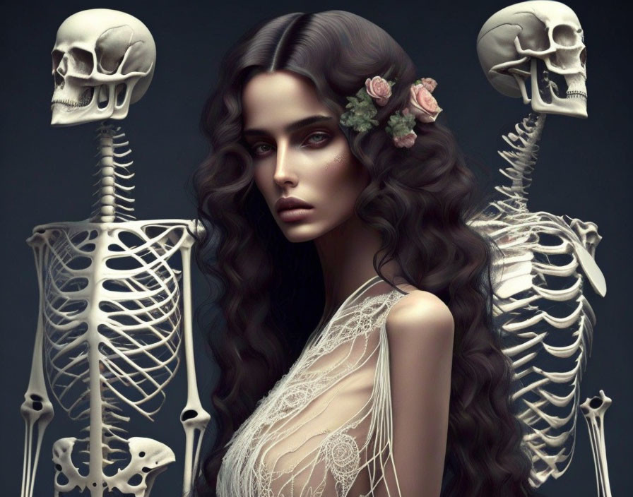 Woman with Long Wavy Hair and Flowers Beside Two Skeletons on Dark Background