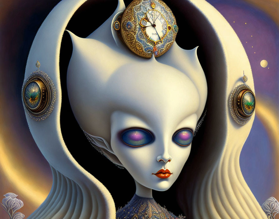 Alien portrait with pale face, purple eyes, ornate headdress, and cosmic backdrop