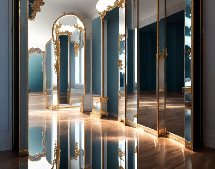 Luxurious room with glossy floors, tall mirrors in gold frames, soft blue walls, warm lighting