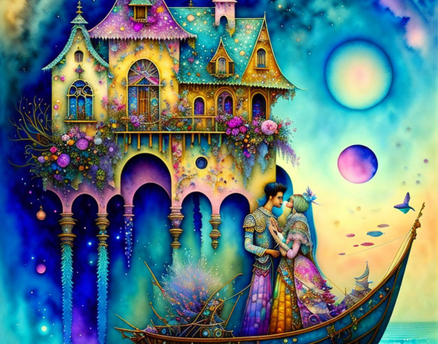 Fantastical scene: Couple embracing on boat near colorful floating castle