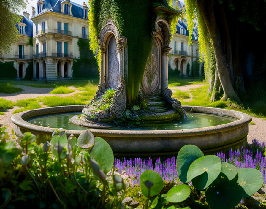 Ornate Fountain Surrounded by Greenery and Purple Flowers