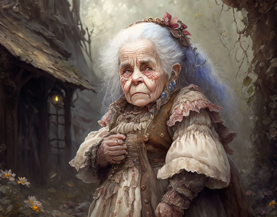 Elderly fantastical character with white hair and regal clothing at cottage