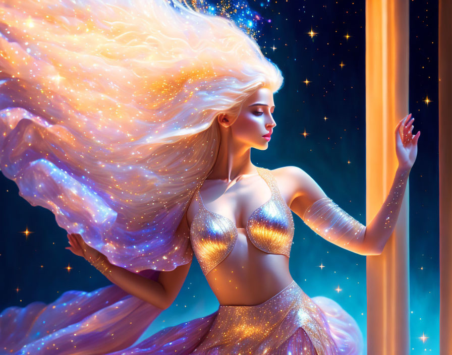 Illustration of woman's hair merging with galaxy near cosmic portal