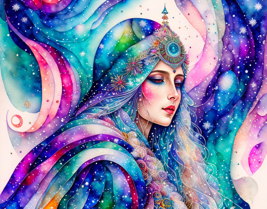 Colorful illustration of woman with cosmic headdress and swirling patterns.