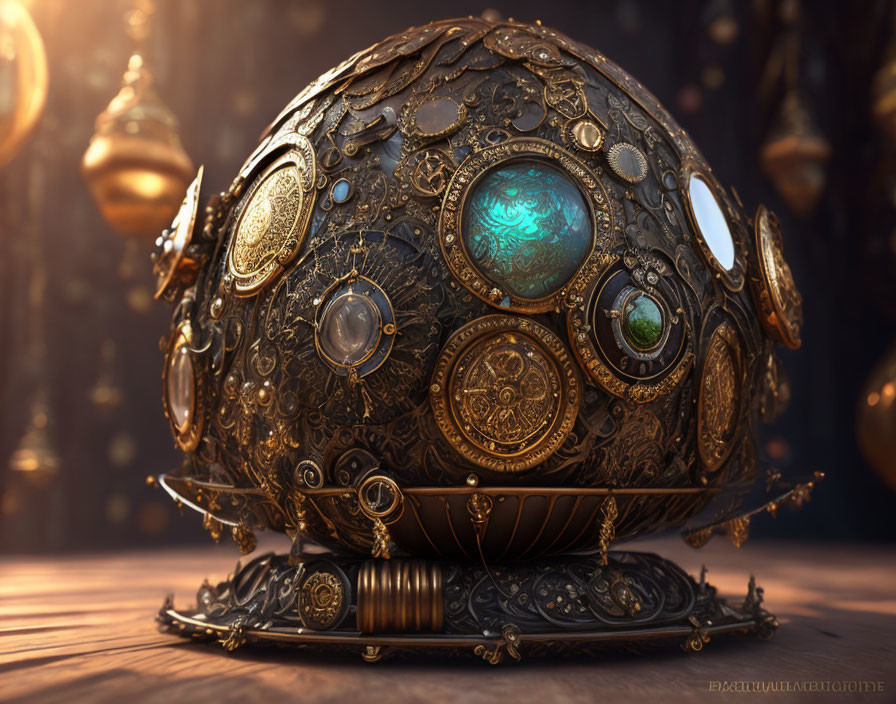 Ornate spherical artifact with metalwork and jewels on stand among lanterns