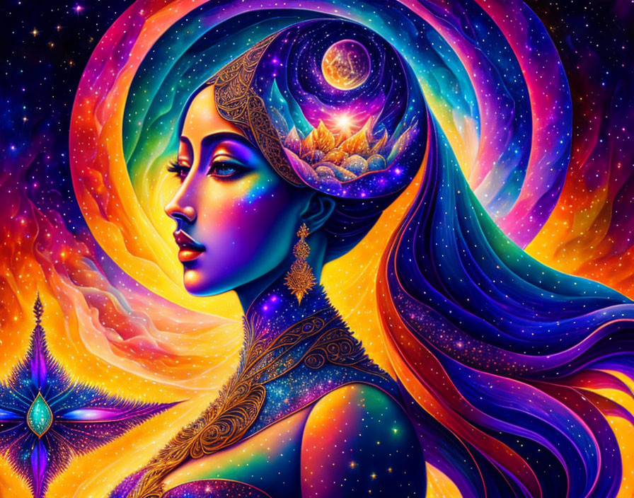 Colorful cosmic-themed woman illustration with swirling galaxies and stars