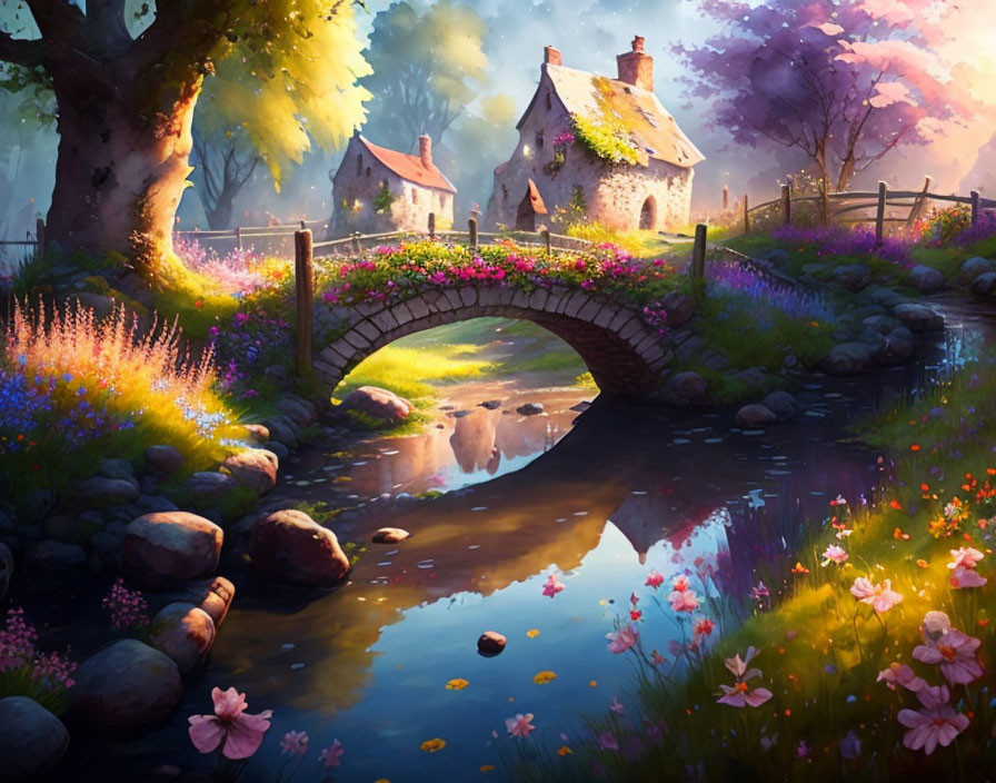 Tranquil stream with stone bridge, colorful flowers, and quaint cottages