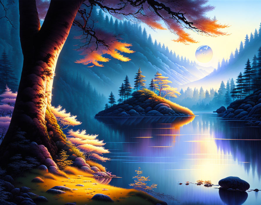 Fantasy landscape: Glowing sunset, serene lake, lush foliage