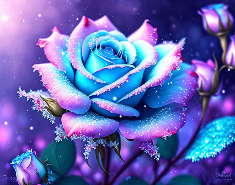 Blue Rose with Glittering Edges on Purple Starry Background