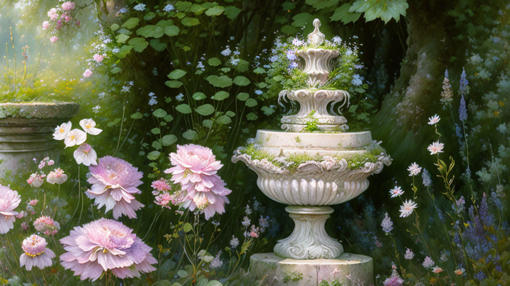 Lush Greenery Surrounds Ornate Stone Fountain