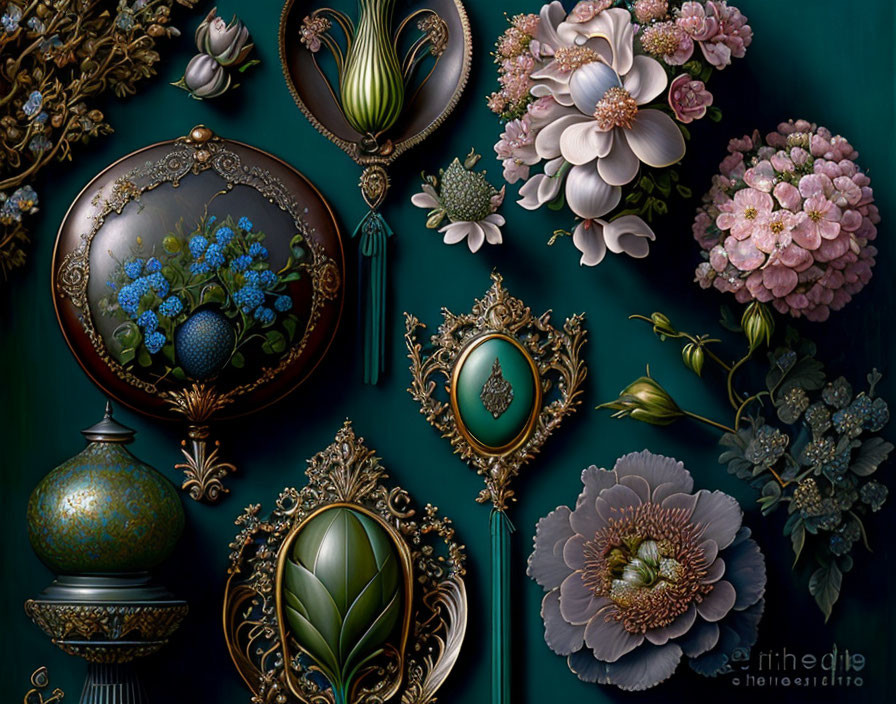 Vintage Floral Art and Ornamental Objects on Dark Green Background