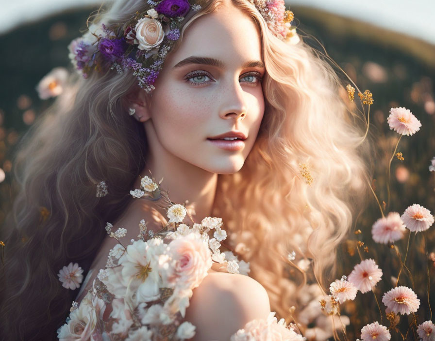 Woman with floral decorations in hair and dress posing in field of flowers