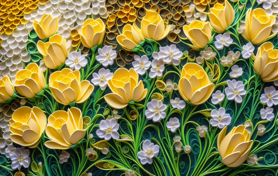 Vibrant quilled paper art with yellow tulips, white flowers, and green foliage