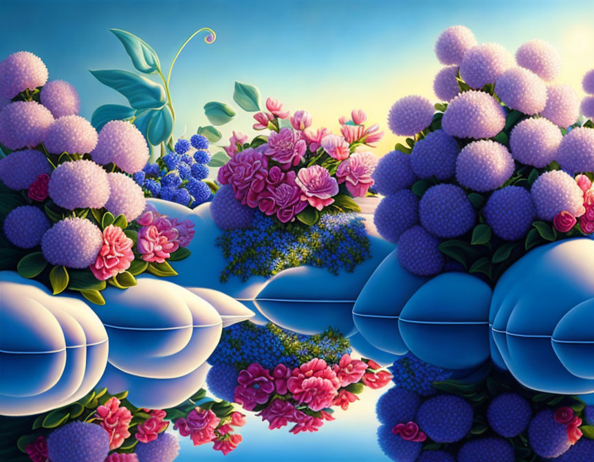 Colorful digital artwork featuring pink and purple flowers on reflective surface