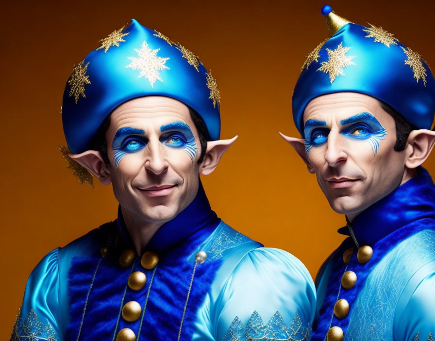 Two people in blue and gold genie outfits with pointed ears and hats on orange backdrop