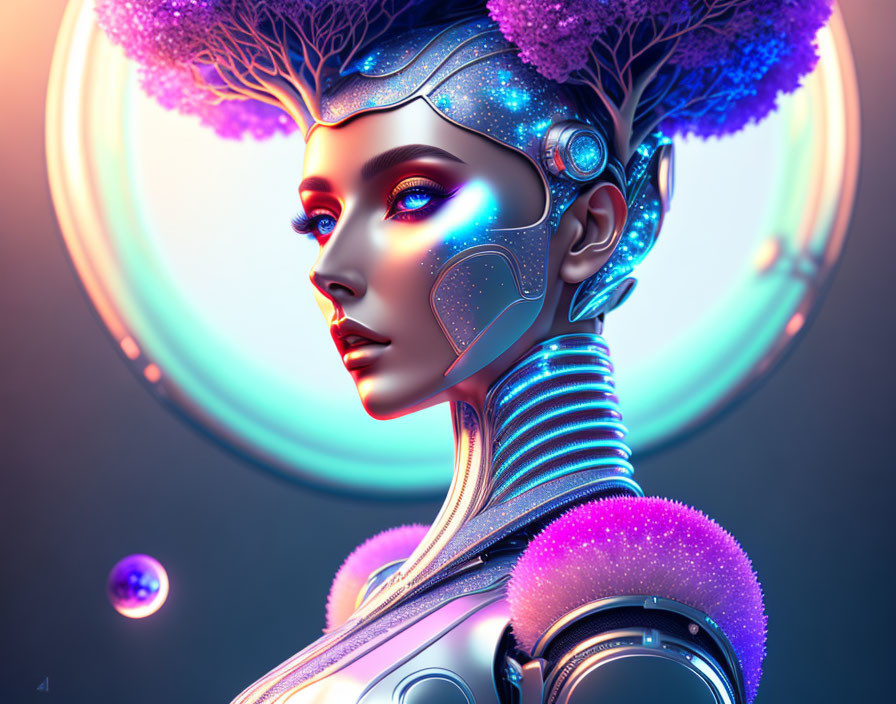 Metallic blue-faced female android with neon lines, purple tree-like headdress in sci-fi setting