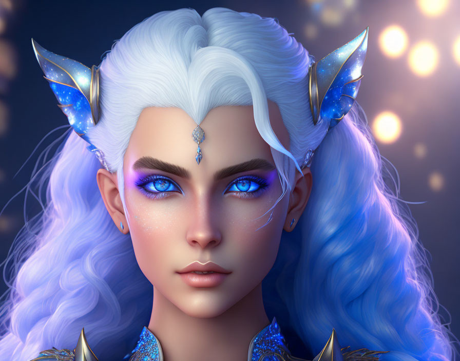 Fantasy elf digital art portrait with blue eyes and white hair