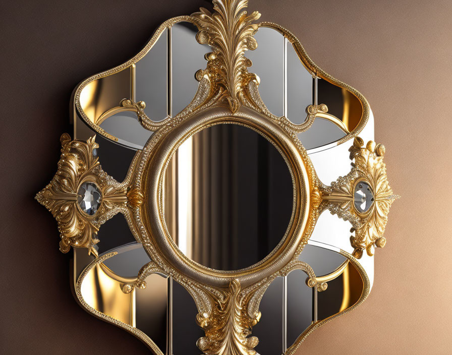 Baroque Golden Mirror with Crystal Accents on Brown Background