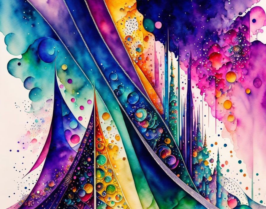 Colorful Watercolor Painting with Swirling Patterns and Bubbles