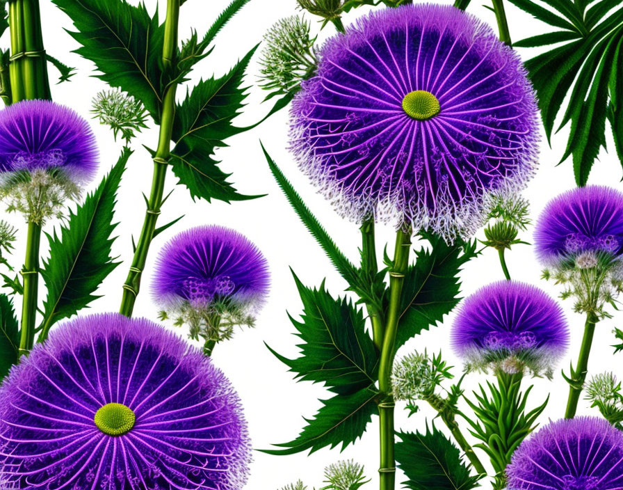 Purple Thistle Flowers Botanical Design on White Background