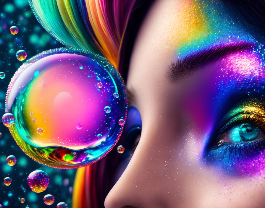 Vibrant rainbow-colored hair and makeup with shimmering soap bubbles.