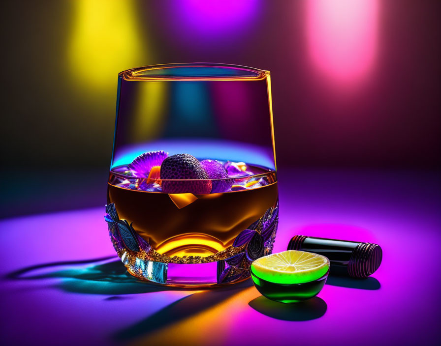 Crystal whiskey glass with drink, ice, lime on colorful backdrop