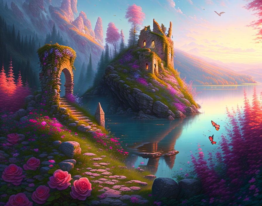 Fantasy landscape with vibrant lake, ancient ruins, flowers, and butterflies