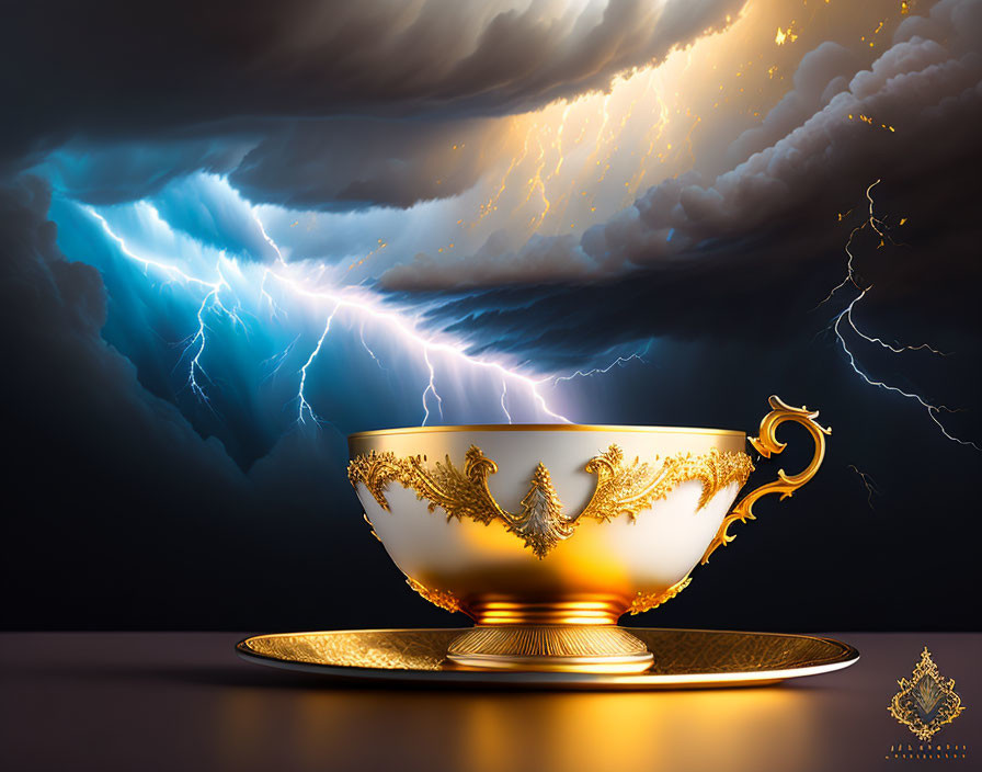 Golden cup on saucer under dramatic sky with clouds, lightning, sunlight