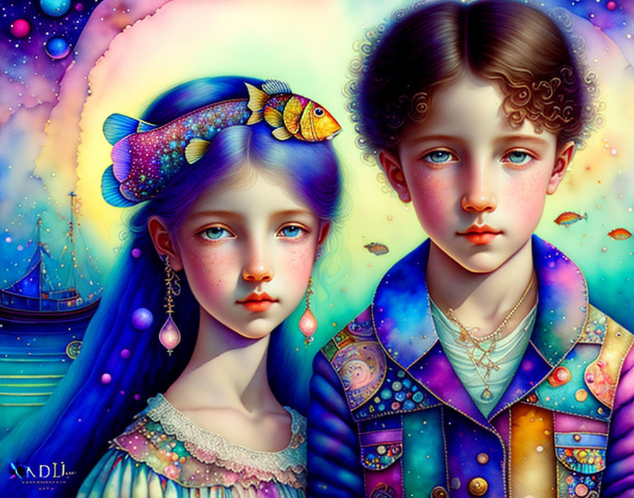 Vividly colored children with fish and intricate clothing against nautical backdrop