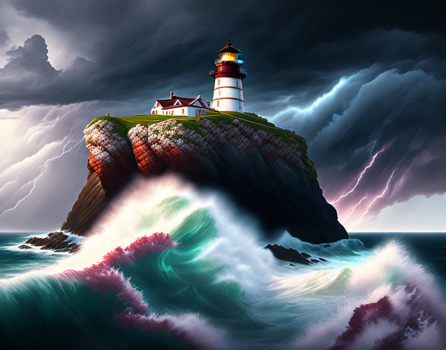 Majestic lighthouse on cliff with turbulent waves and stormy sky