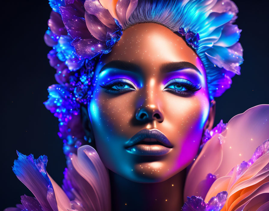 Colorful digital portrait of woman with cosmic makeup and floral decorations under blue light