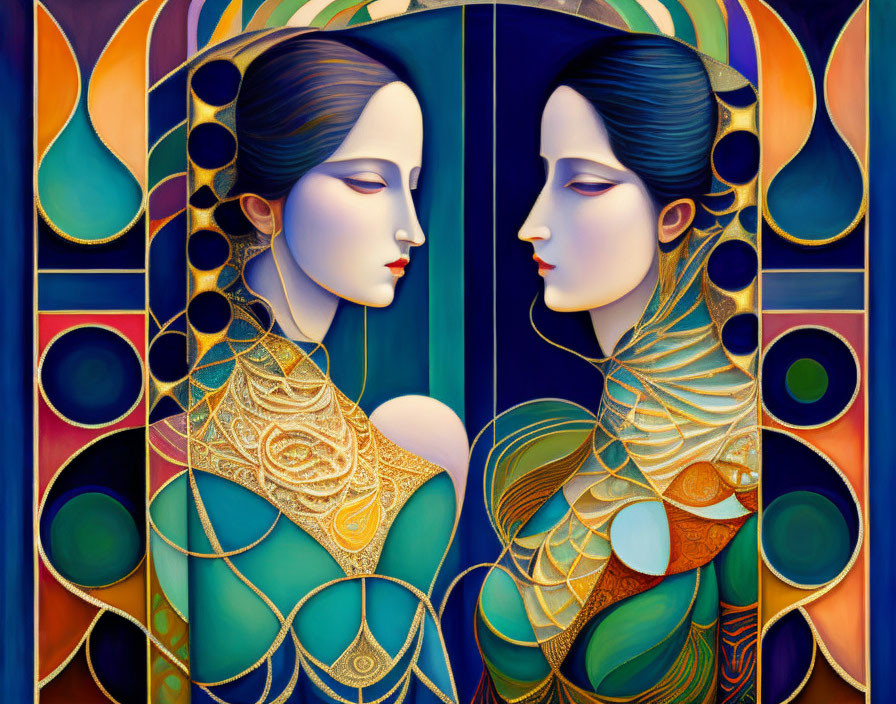 Symmetrical composition of stylized female figures with vibrant colors and intricate patterns