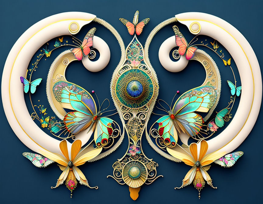 Colorful digital artwork with butterflies, swirls, and peacock feather motif