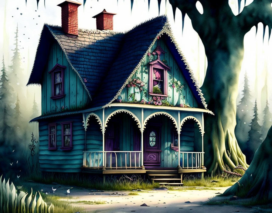 Illustration of Cozy Blue Wooden House in Mystical Forest