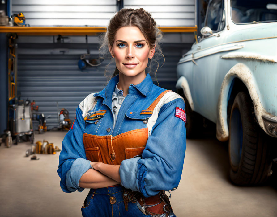 Confident woman in denim shirt and overalls by vintage blue car in garage.