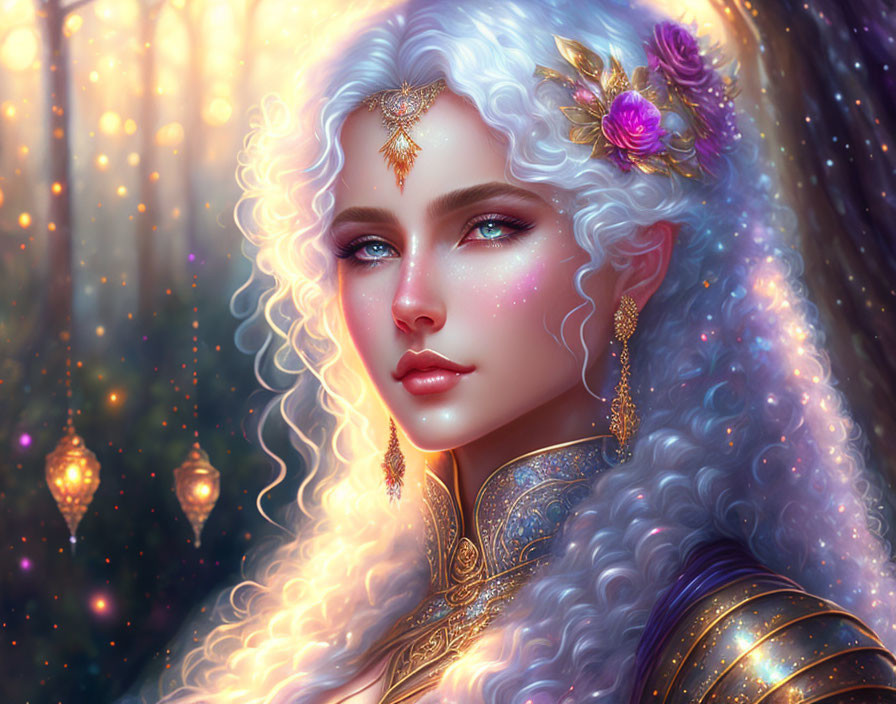 Fantasy illustration of woman with white curly hair and blue eyes in magical setting