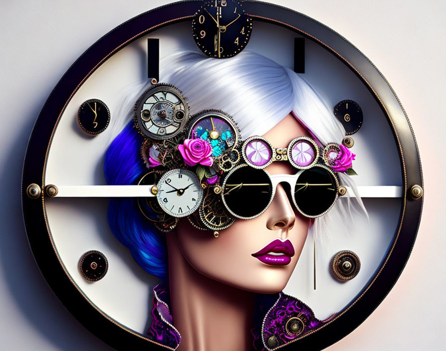 Surreal woman with clock eyes and gear hair on clock background