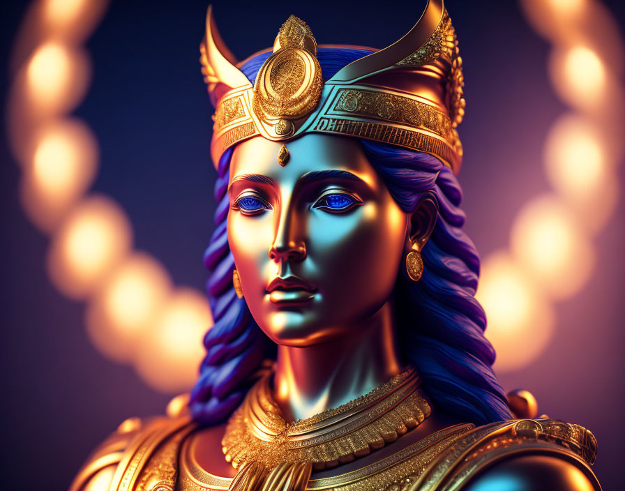 Vibrant female figure with blue skin in golden armor on dark background