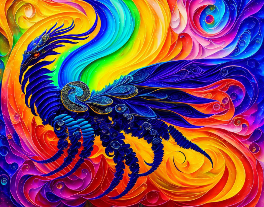 Colorful Abstract Peacock Art with Swirling Feathers in Psychedelic Hues