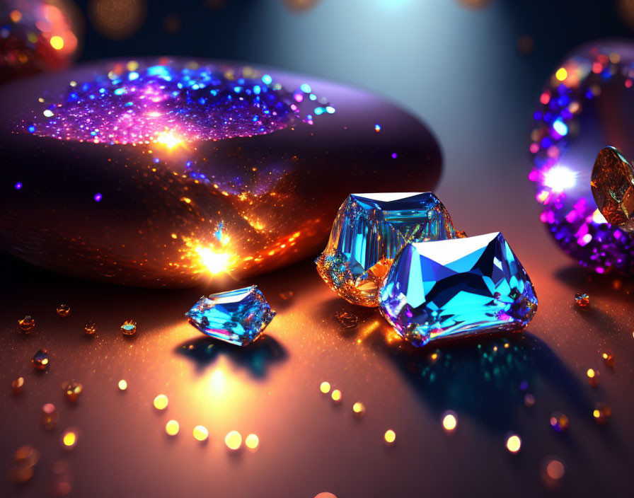 Vibrant Gemstones and Glittering Rocks on Reflective Surface