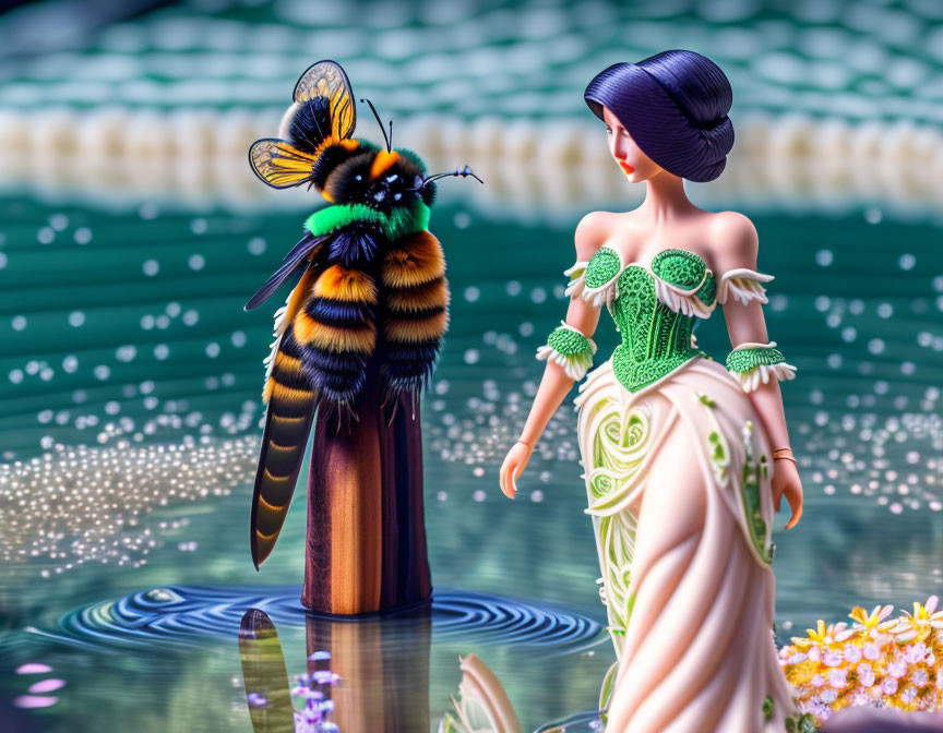 Colorful bee on wooden platform near elegant woman statuette by water.